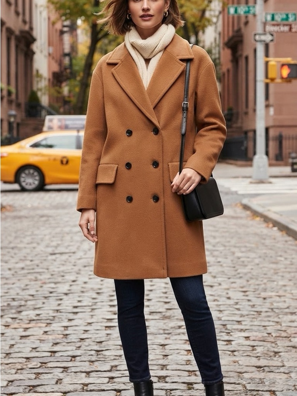 Double-Breasted Wool-Blend Pea Coat in Camel